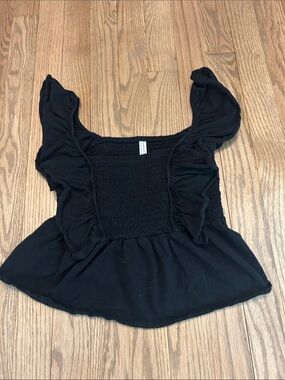 American Eagle Black Ruffled Smocked Square-Neck Women's Top